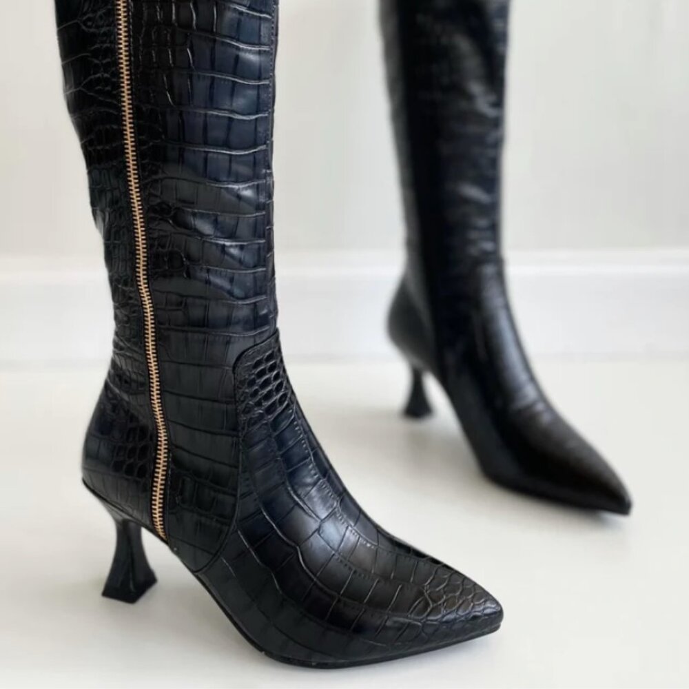 Patrizia by Spring Step Wowie Black Knee High Boots, Croc Embossed